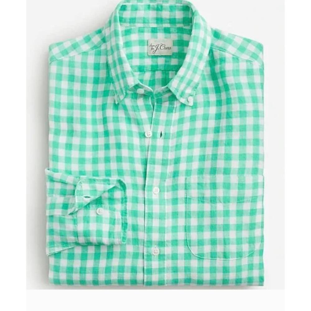 New! J Crew 100% Linen Baird McNutt Green Gingham Plaid Check Shirt Sz L